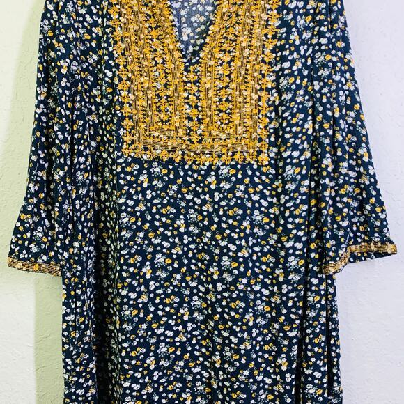 J. JILL Dress Tunic Knee Length Floral VNeck Gold Embroidered Detail Tunic Boho - Picture 5 of 14